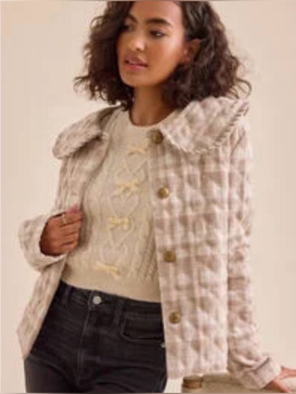 Altar'd State Cream Plaid Textured Button-Front Jacket